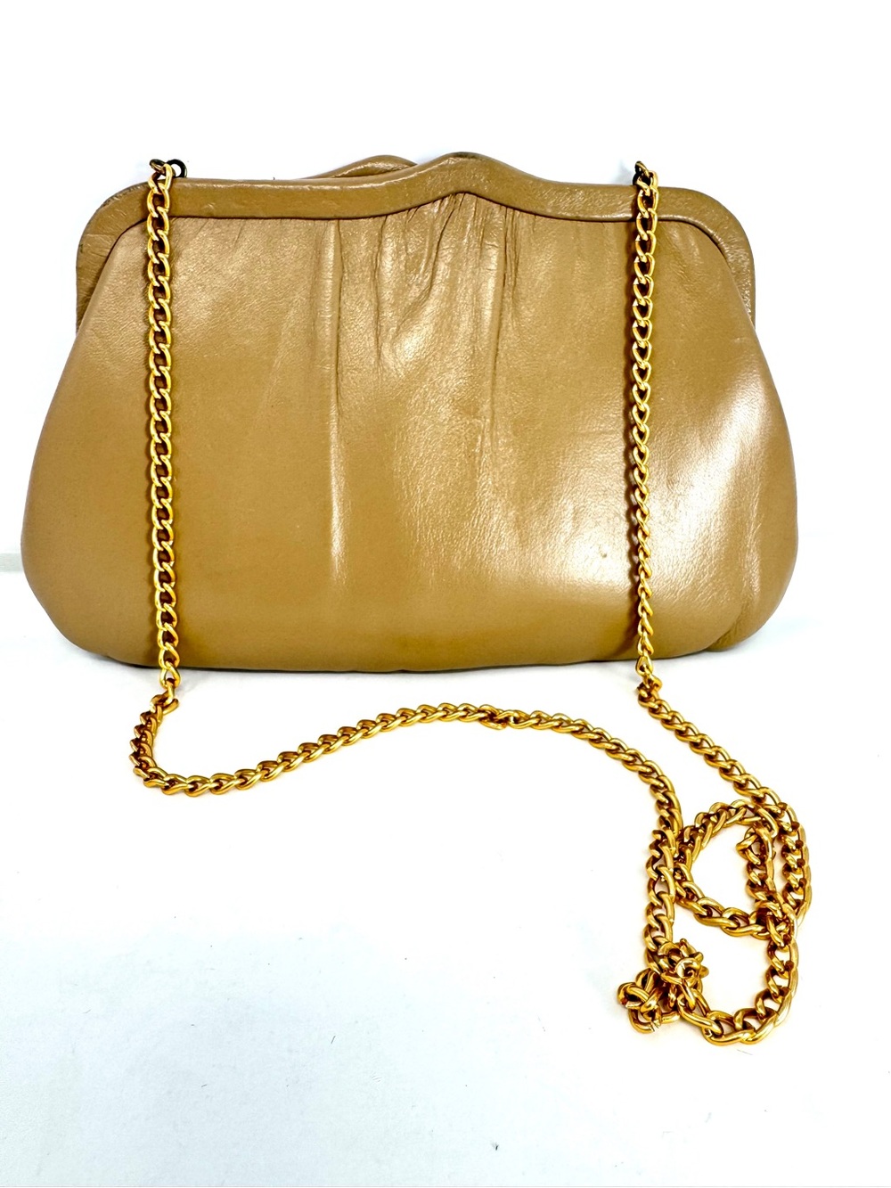 Vintage 1950s Ande Metallic Gold Leather Frame Clutch - Convertible Chain Strap